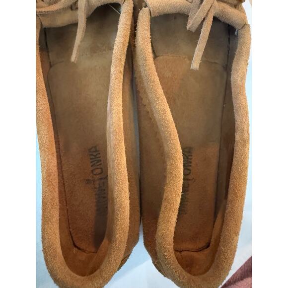 VTG Minnetonka Y2K Camel Brown Suede Beaded Moccasins 11 Hard Sole Boho Fall - Picture 9 of 11